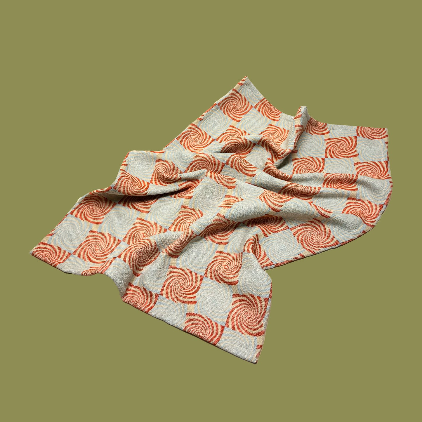blue, red and sandy beige cotton dish towel / tea towel with geometric border pattern, made in portugal, designed in sweden